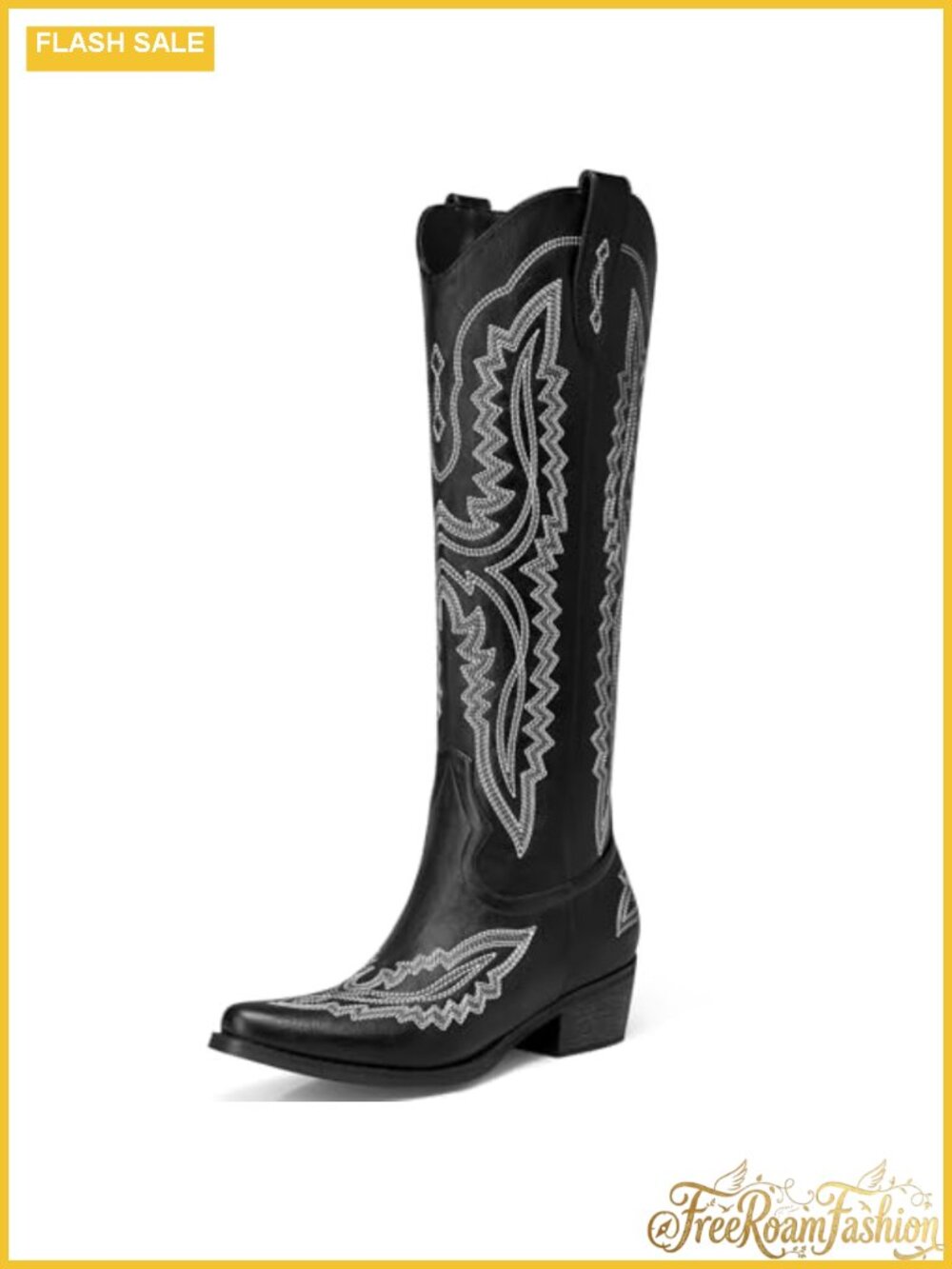 Knee High Pointed Toe Cowboy Boots Faux Leather Wide Calf Western